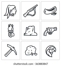 Vector Set of Redskin Icons. Red man, Shotgun, Canoe, Torch, Canyon, Revolver, Mining, Gold, Parrot. Red Indian, Weapon, Boat, Light, Mountain, Handgun, Pick, Ore, Bird