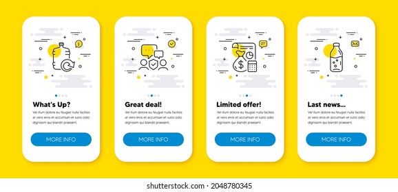 Vector set of Refill water, Security agency and Accounting line icons set. UI phone app screens with line icons. Water bottle icon. Cooler bottle, Body guard, Financial budget. Soda drink. Vector
