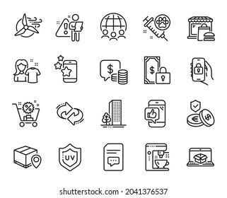 Vector set of Refresh, Search employee and Private payment line icons set. Parcel tracking, Dog vaccination and Coins icons. Clean shirt, Windmill turbine and Best app signs. Vector