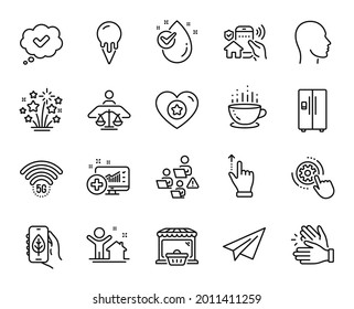 Vector set of Refrigerator, Teamwork and Approved line icons set. Head, New house and Fireworks stars icons. Heart, House security and Paper plane signs. Coffee cup, Water drop and 5g wifi. Vector