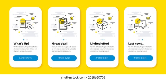 Vector set of Reject book, Get box and Megaphone checklist line icons set. UI phone app screens with line icons. Question mark icon. Delete article, Send package, Brand check. Quiz chat. Vector