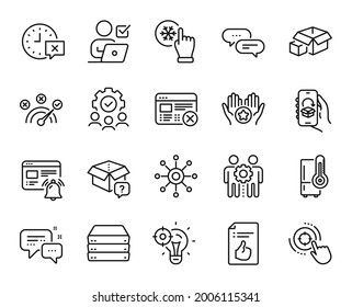 Vector set of Reject web, Refrigerator and Dots message line icons set. Teamwork, Favorite and Secret package icons. Correct answer, Internet notification and Approved document signs. Vector