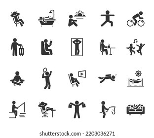 Vector set of relax flat icons. Contains icons chill, rest, vacation, hammock, meditation, reading, shopping, diving, fishing and more. Pixel perfect.