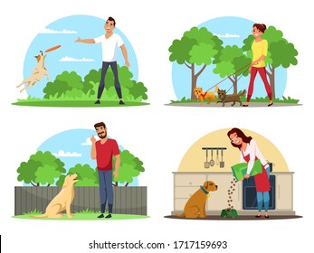 Vector set relaxing with pets, communication love, leisure, care of animal concept. Man training and playing flying disk with dog. Woman walking and feeding pets. Cartoon flat character design bundle