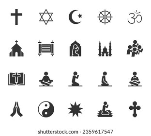 Vektorset von religiösen Flachikonen. Enthält Symbole Christentum, Islamismus, Buddhismus, Judentum, Heuchelei, Beten, Bibel und mehr. Pixel perfekt.