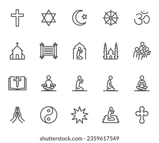 Conjunto de vectores de iconos de línea de religión. Contiene la cristiandad, el islam, el budismo, el judaísmo, el hinduismo, la oración, la biblia y más. Pixel perfecto.