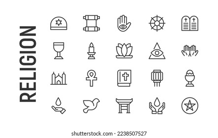 Vector set of religion thin line icons. Design of 20 stroke pictograms. Signs of religion isolated on a white background.