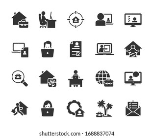 Vector set of remote work  flat icons. Contains icons working from home, interview online, freelance, search job, resume online, tasks online and more. Pixel perfect.