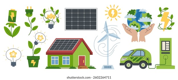 Vector set of renewable energy elements. Solar panels, wind turbines, and eco-friendly lamps. Eco friendly sustainable energy sources, caring for the environment.