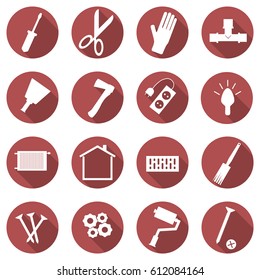 Vector set of repair concept icons. Flat images of tools. Badges in the red circle