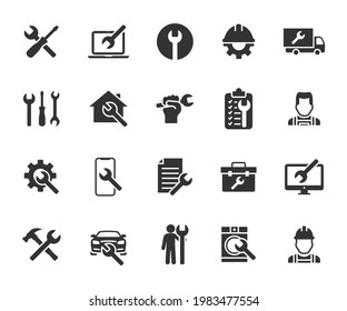 Vector set of repair flat icons. Contains icons device repair, technical support, engineer, tool kit, home repair, maintenance, list works and more. Pixel perfect.