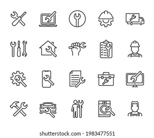 Vector set of repair line icons. Contains icons device repair, technical support, engineer, tool kit, home repair, maintenance, list works and more. Pixel perfect.