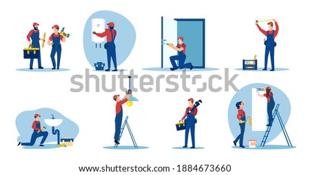 Vector set of repair people, plumbers, electricians, painter renovating an apartment  