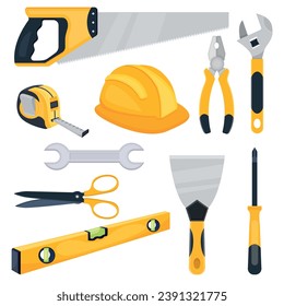 Vector set of repair tools in cartoon style. Concept of construction and housework. A team of custom builders. Elements for your design. Saw, hammer, etc.