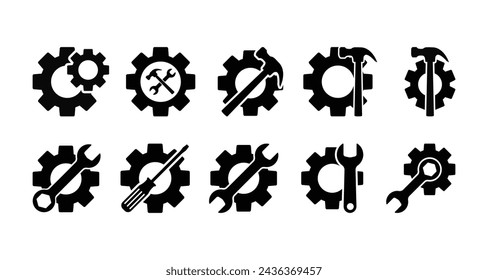Vector conjunto de símbolos de herramientas de reparación, engranaje, llave, martillo y destornillador conjunto