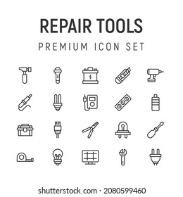 Vector set of repair tools thin line icons. Design of 20 stroke pictograms. Signs of repair tools isolated on a white background.