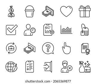 Vector set of Report checklist, Bucket and Cleanser spray line icons set. Cash, Exit and Hand click icons. Time management, Tea bag and Money diagram signs. Report checklist web symbol. Vector
