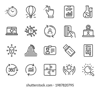 Vector set of Report document, Chemistry lab and Video conference line icons set. Artificial intelligence, Identification card and Face biometrics icons. Report document web symbol. Vector