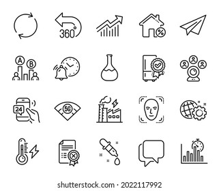 Vector set of Report timer, Electricity power and Talk bubble line icons set. 24h service, Chemistry pipette and Video conference icons. Ab testing, Loan house and Full rotation signs. Vector