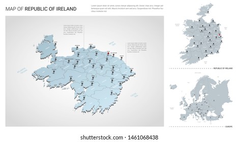 Vector set of  Republic of Ireland.  Isometric 3d map,  Republic of Ireland map, Europe map - with region, state names and city names. 