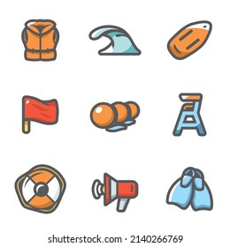 Vector Set Of Rescue On Water Icons. Life Jacket, Tsunami, Float, Flag, Buoys, Towers Saver, Lifebuoy, Speaker, Fins.