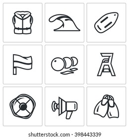 Vector Set Of Rescue On Water Icons. Life Jacket, Tsunami, Float, Flag, Buoys, Towers Saver, Lifebuoy, Speaker, Fins. Rescue Victims From The Water At The Beach.