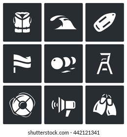 Vector Set Of Rescue On Water Icons. Life Jacket, Tsunami, Float, Flag, Buoys, Towers Saver, Lifebuoy, Speaker, Fins. 