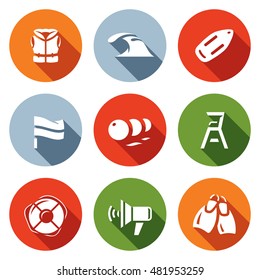 Vector Set of Rescue on Water Icons. Life Jacket, Tsunami, Float, Flag, Buoys, Towers Saver, Lifebuoy, Speaker, Fins.