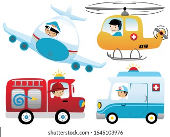 Vector set of rescue vehicle cartoon with the drivers