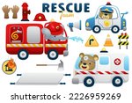 Vector set of rescue vehicles cartoon with funny animals driver, rescue element illustration