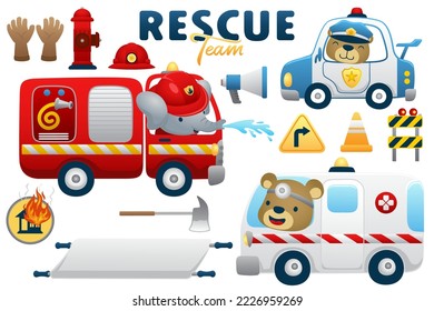 Conjunto de vectores de caricatura de vehículos de rescate con chofer de animales graciosos, ilustración de elemento de rescate