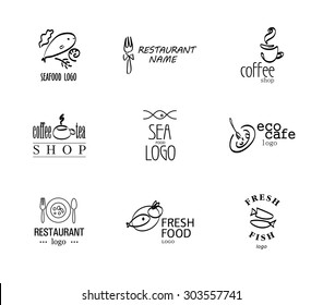 Vector set of restaurant, cafe, bar, catering logo design isolated on white background. Eco food, fast food, sushi, pizza icons, fish and Italian sea food company insignia. Coffee, tea. Dish elements.