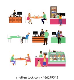 Vector set of restaurant employees and visitors. People in cafe icons isolated on white background.