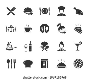 Vector set of restaurant flat icons. Contains icons menu, serving food, chef, wine list, cutlery, steak, tray and more. Pixel perfect.