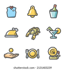 Conjunto vectorial de Iconos de Restaurante. Waiter, Call, Alcohol, Food, Delicacy, Bebida, Consejo, Laying, Music.