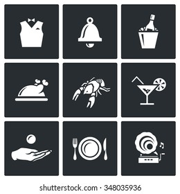 Vector Set of Restaurant Icons. Waiter, Call, Alcohol, Food, Delicacy, Drink, Tip, Laying, Music. Vests, Bell, Champagne, Dish, Cancer, Cocktail, Payment, Crockery, Gramophone