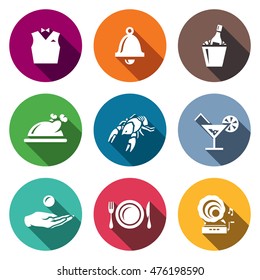 Vector Set of Restaurant Icons. Waiter, Call, Alcohol, Food