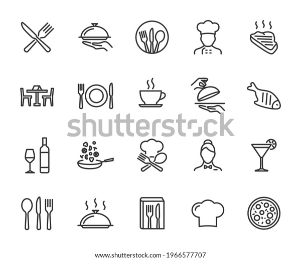 Vector set of restaurant line icons. Contains
icons menu, serving food, chef, wine list, cutlery, steak, tray and
more. Pixel perfect.