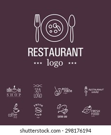Vector set of restaurant logo design templates. Eco food, fast food, sushi, pizza icons, fish and sea food company insignia. Coffee and tea icons. Dish elements icons design.