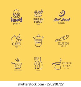 Vector set of restaurant logo design templates. Eco food, fast food, sushi, pizza icons, fish and sea food company insignia. Coffee and tea icons. Dish elements icons design.