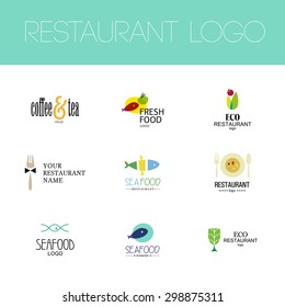 Vector set of restaurant logo design templates. Eco food, fast food, sushi, pizza icons, fish and sea food company insignia. Coffee and tea icons. Dish elements icons design.