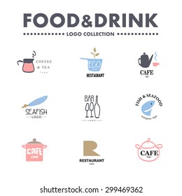 Vector set of restaurant logo design templates. Eco food, fast food, sushi, pizza icons, fish and sea food company insignia. Coffee and tea icons. Dish elements icons design.