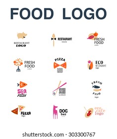 Vector set of restaurant logo design templates. Eco food, fast food, sushi, pizza icons, fish and sea food company insignia. Coffee and tea icons. Dish elements icons design.