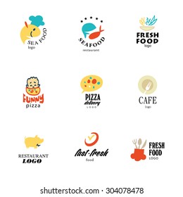 Vector set of restaurant logo design templates. Eco food, fast food, sushi, pizza icons, fish and sea food company insignia. Coffee and tea icons. Dish elements icons design.