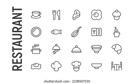 Conjunto vectorial de iconos de línea delgada del restaurante. Diseño de 20 pictogramas de infarto. Señales de restauración aisladas en un fondo blanco.