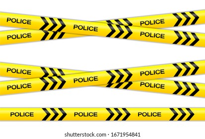 Vector set of restriction tapes, police line, crime scene investigation. Collection of danger caution stripes.