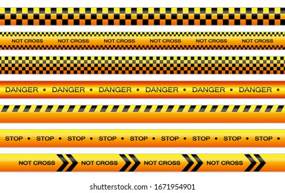 Vector set of restriction tapes, police line, crime scene investigation. Collection of danger caution stripes.