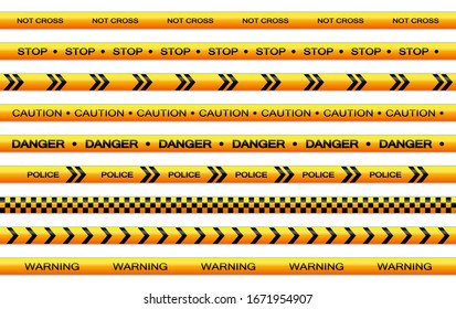 Vector set of restriction tapes, police line, crime scene investigation. Collection of danger caution stripes.