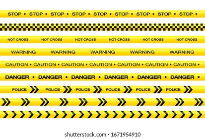 Vector set of restriction tapes, police line, crime scene investigation. Collection of danger caution stripes.