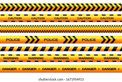 Vector set of restriction tapes, police line, crime scene investigation. Collection of danger caution stripes.
